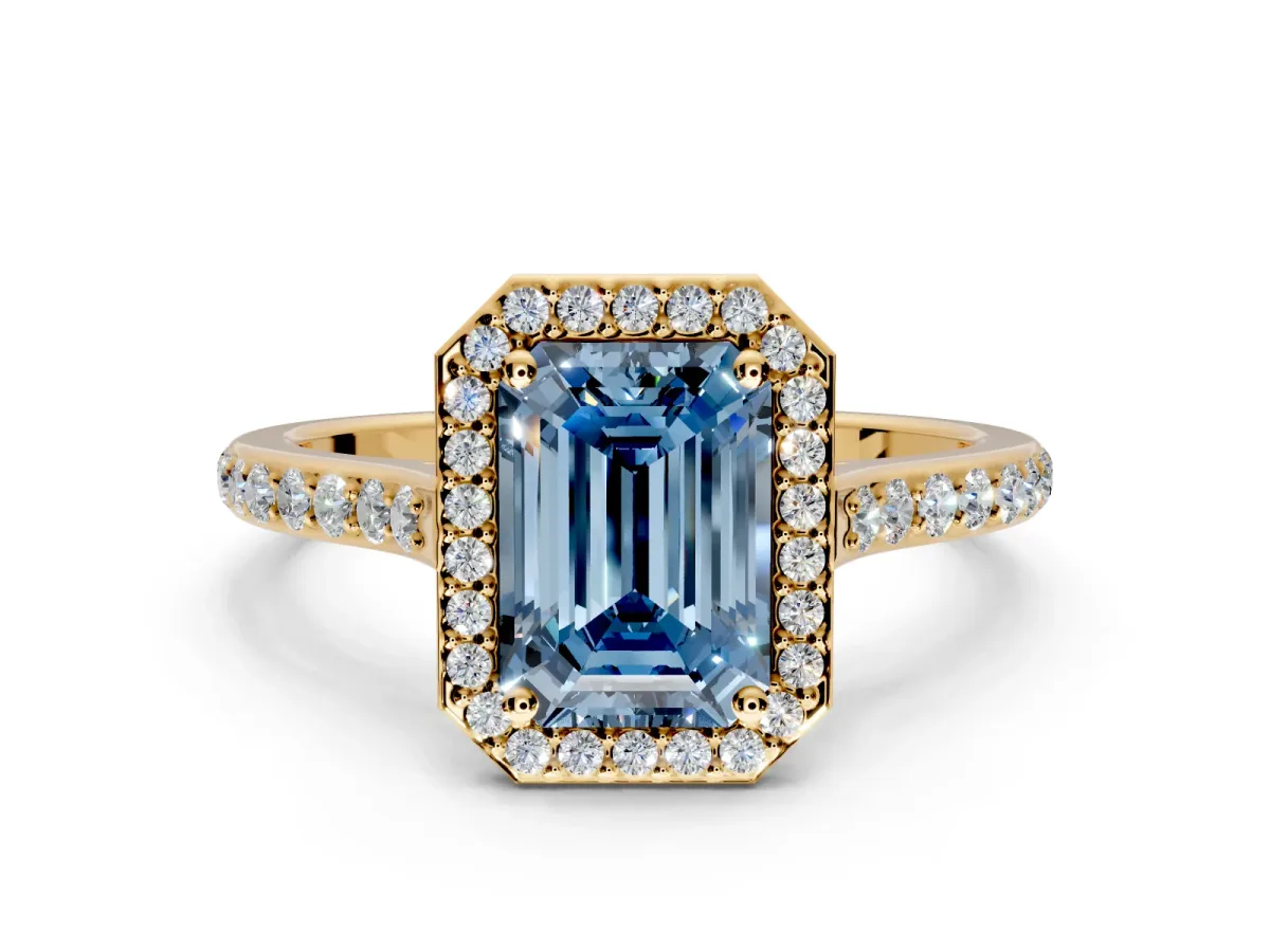 Halo Engagement Ring Setting for Fancy Blue Emerald Cut Center with Pave Accents, Heart Basket and Prong Head in Yellow Gold