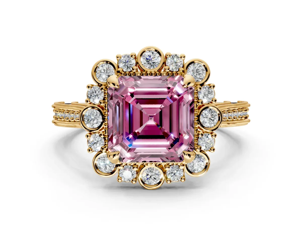 Milgrain Halo Engagement Ring Setting for Fancy Pink Asscher Cut Center with Bezel Point Accents and Prong Head in Yellow Gold