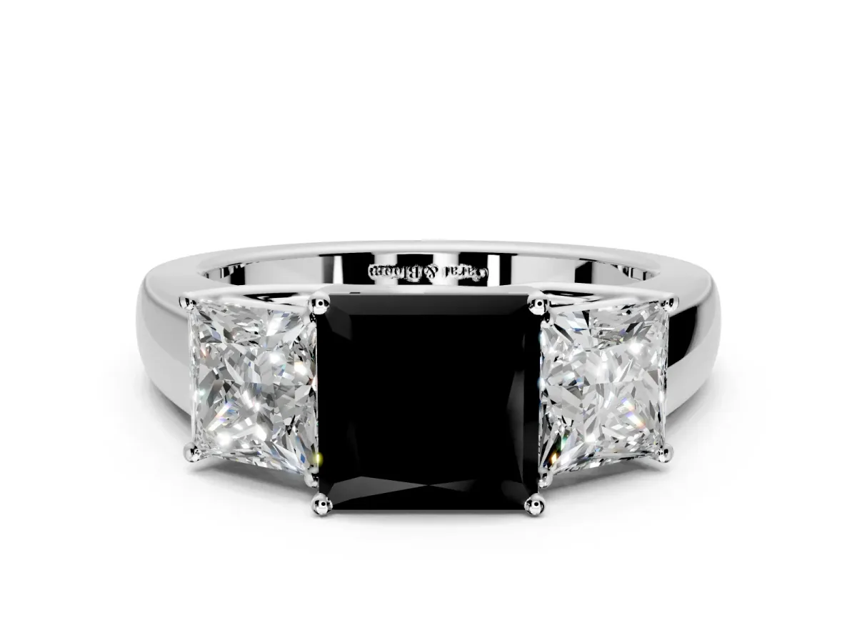 3 Stone Engagement Ring Setting for Fancy Black Princess Cut Center with Raised Basket Heads and Prong Head in White Gold