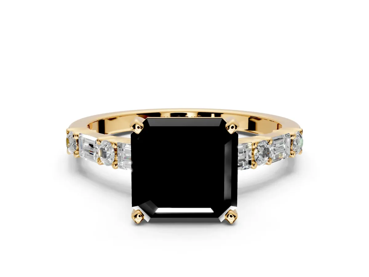 Baguette Engagement Ring Setting for Fancy Black Asscher Cut Center with Alternating Bar-Set Band and Prong Head in Yellow Gold