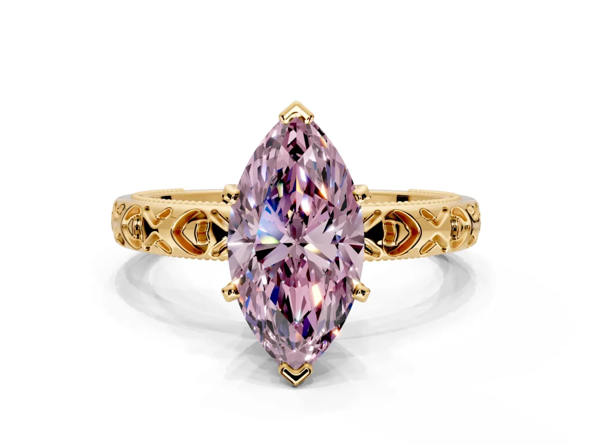 Solitaire Engagement Ring Setting for Fancy Pink Marquise Center with XO Engraved Band and Prong Head in Yellow Gold