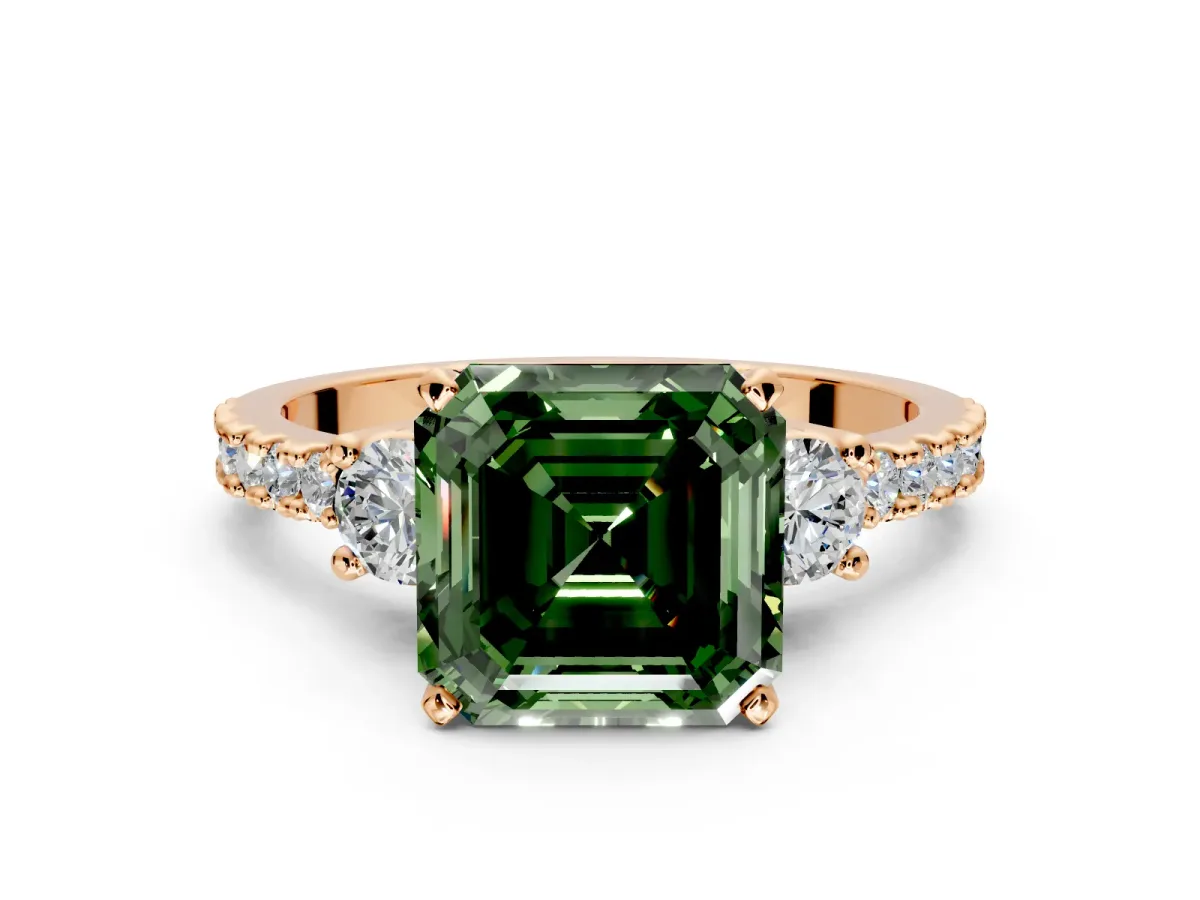 3 Stone Engagement Ring Setting for Fancy Green Asscher Cut Center with Round Cut Side Accents and Prong Head in Rose Gold