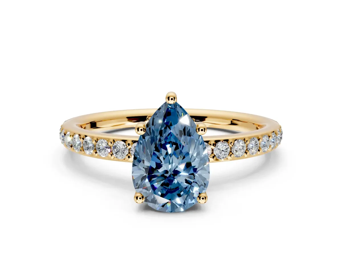 Solitaire Engagement Ring Setting for Fancy Blue Pear-Shaped Center with Fine Pave Band and Prong Head in Yellow Gold