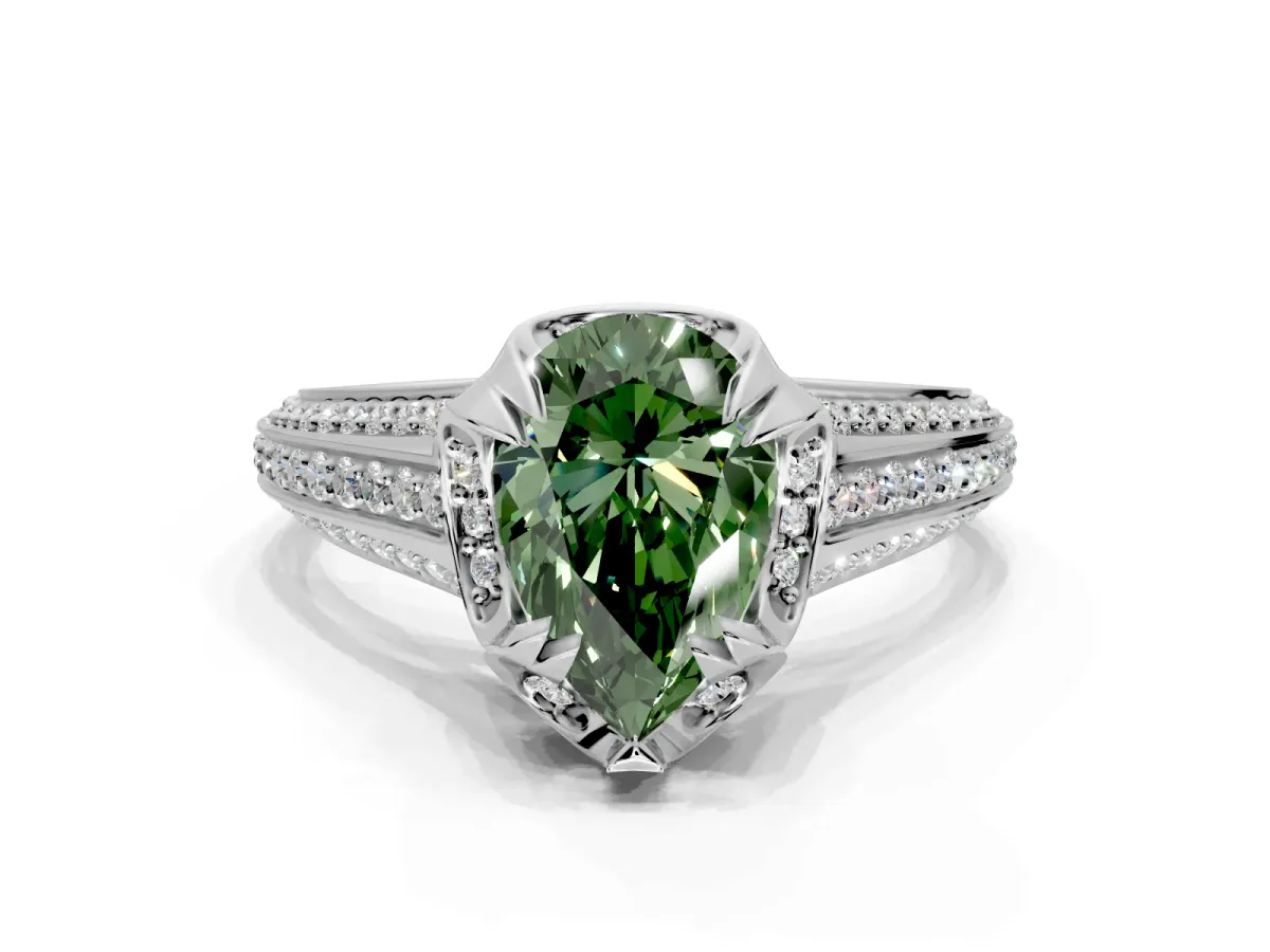 Solitaire Engagement Ring Setting for Fancy Green Pear-Shaped Center with Accented Split Shank and Prong Head in Sterling Silver