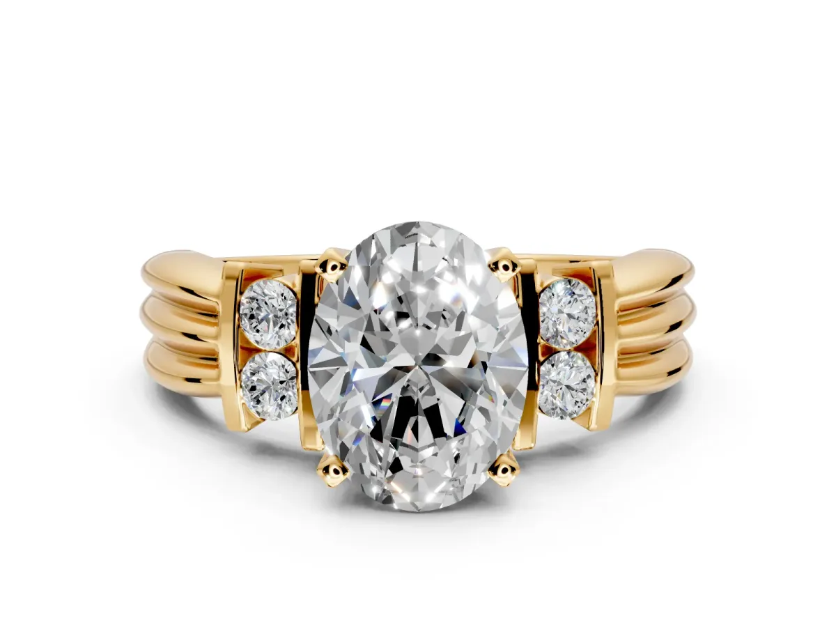 Solitaire Engagement Ring Setting for Oval Center with Grooved Bar Accent Band and Prong Head in Yellow Gold
