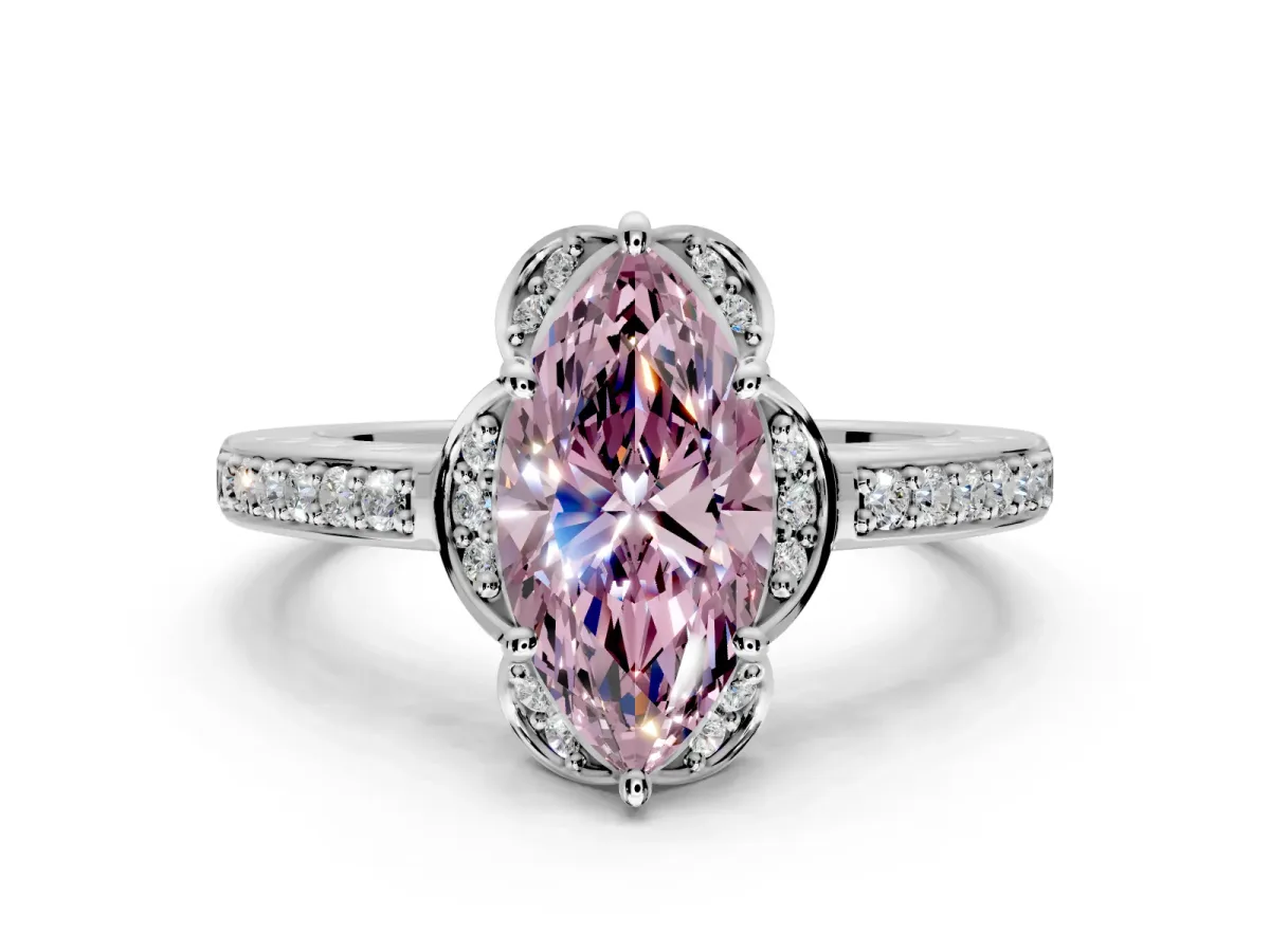 Floral Engagement Ring Setting for Fancy Pink Marquise Center with Four Accent Clusters and Prong Head in Platinum
