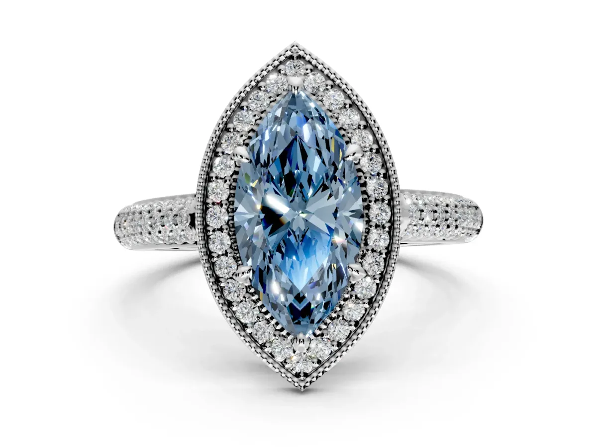 Milgrain Halo Engagement Ring Setting for Fancy Blue Marquise Center with Three-Sided Pave Band and Prong Head in Platinum