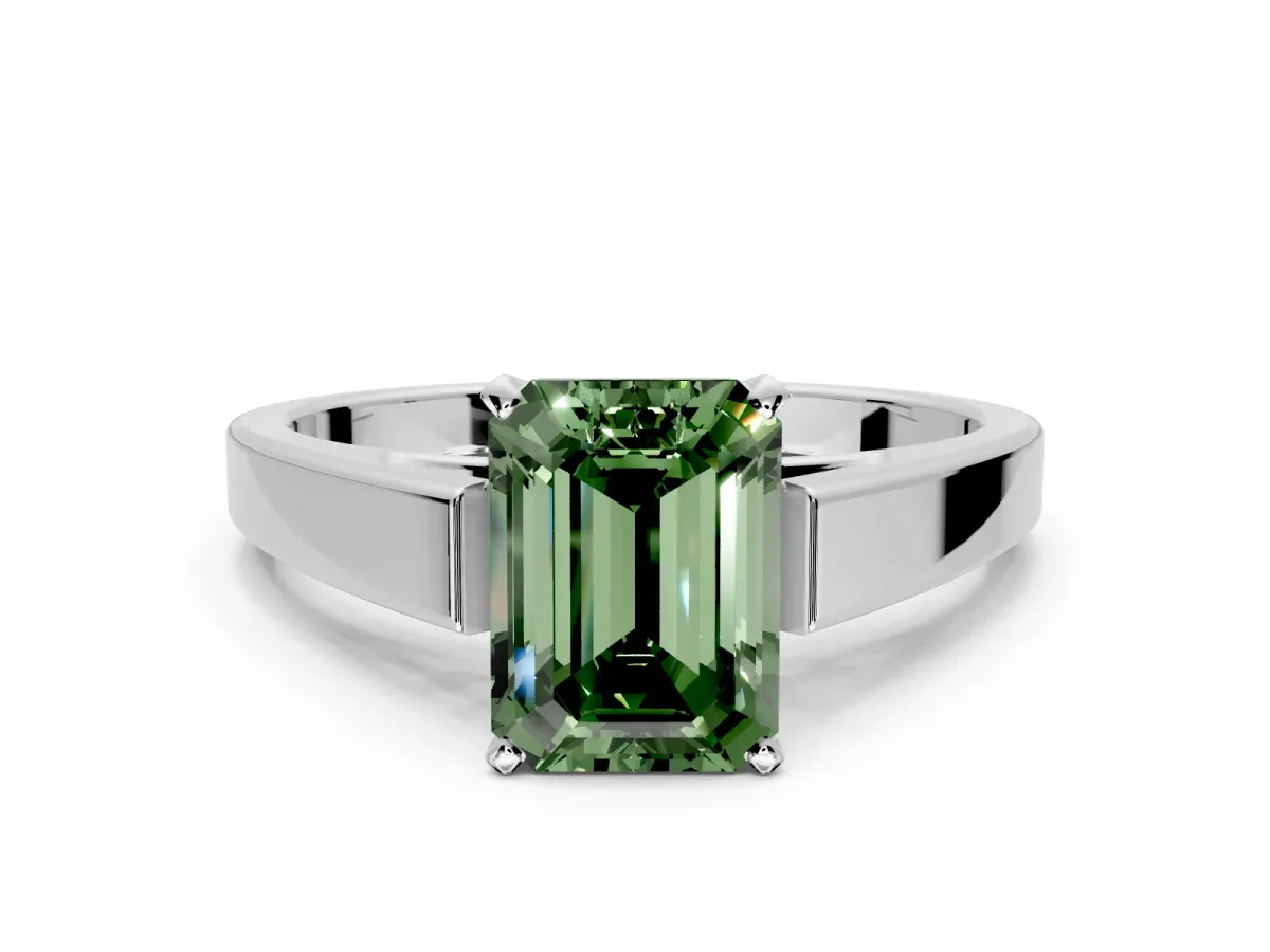 Solitaire Engagement Ring Setting for Fancy Green Emerald Cut Center with Tapered Split Shoulders and Prong Head in Platinum