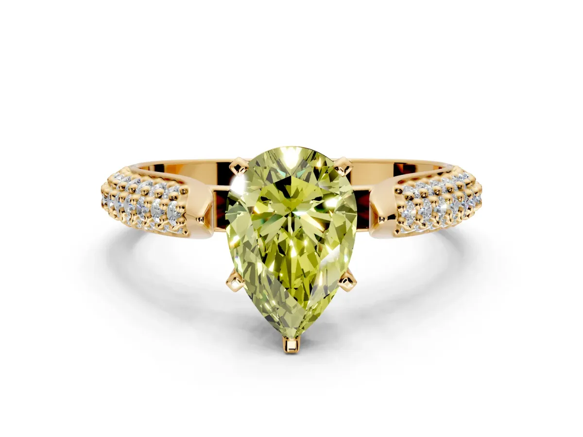 Solitaire Engagement Ring Setting for Fancy Yellow Pear-Shaped Center with Multi-Row Accents and Prong Head in Yellow Gold