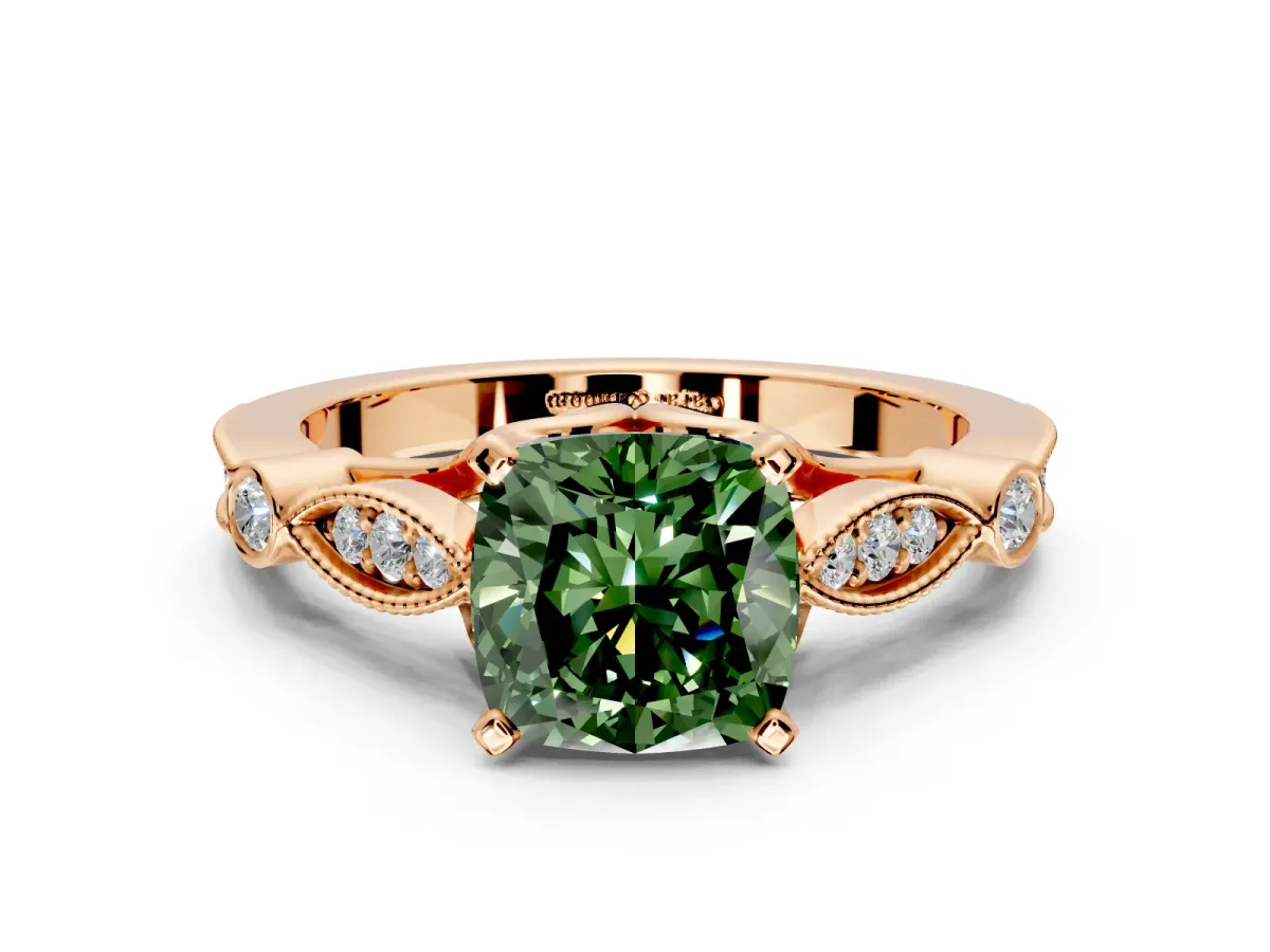 Solitaire Engagement Ring Setting for Fancy Green Cushion Cut Center with Marquise and Bezel Accents and Prong Head in Rose Gold