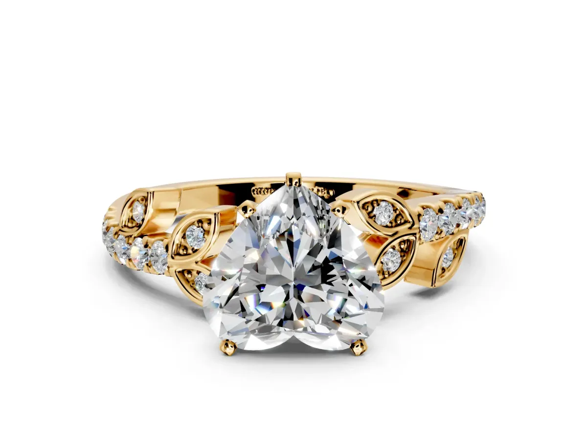 Leaf Motif Engagement Ring Setting for Heart-Shaped Center with Pave Band and Prong Head in Yellow Gold