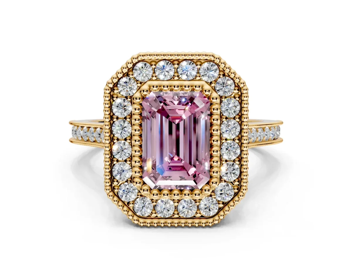Halo Engagement Ring Setting for Fancy Pink Emerald Cut Center with Milgrain Frame, Pave Band and Prong Head in Yellow Gold