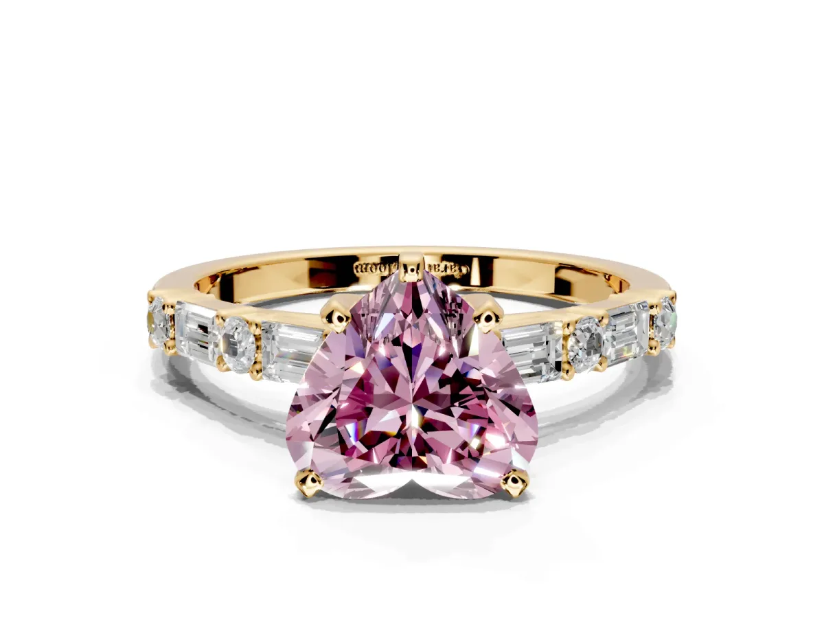 Baguette Engagement Ring Setting for Fancy Pink Heart-Shaped Center with Alternating Bar-Set Band and Prong Head in Yellow Gold