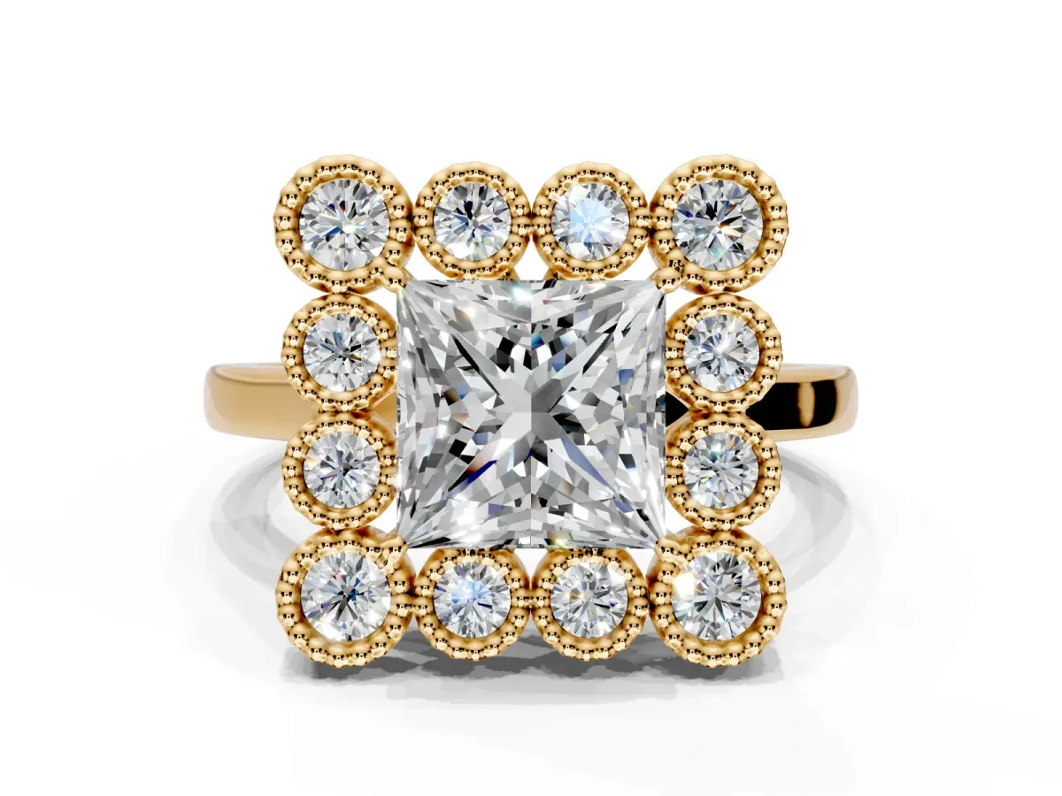 Cluster Halo Engagement Ring Setting for Princess Cut Center with Milgrain Bezel Accents and Prong Head in Yellow Gold