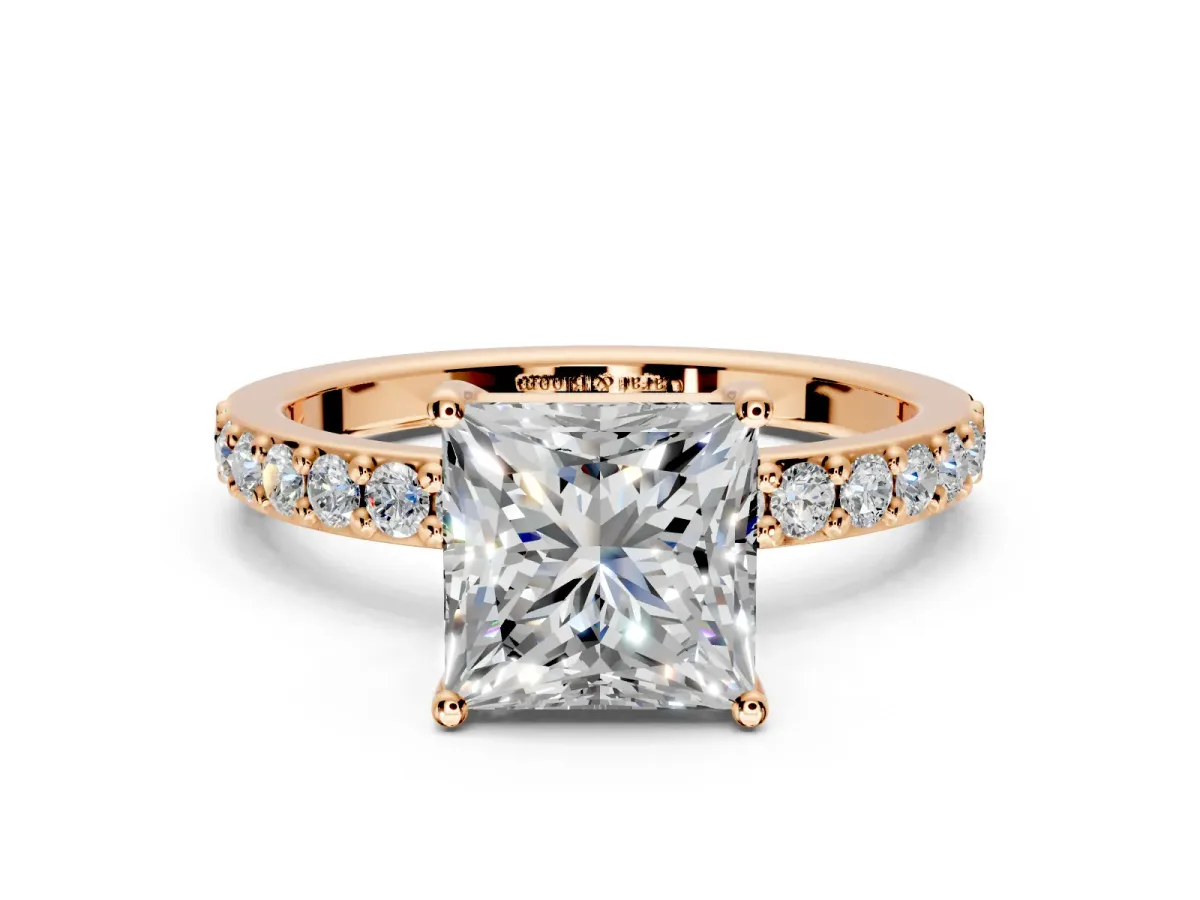 Solitaire Engagement Ring Setting for Princess Cut Center with Round Cut Pave Band and Prong Head in Rose Gold