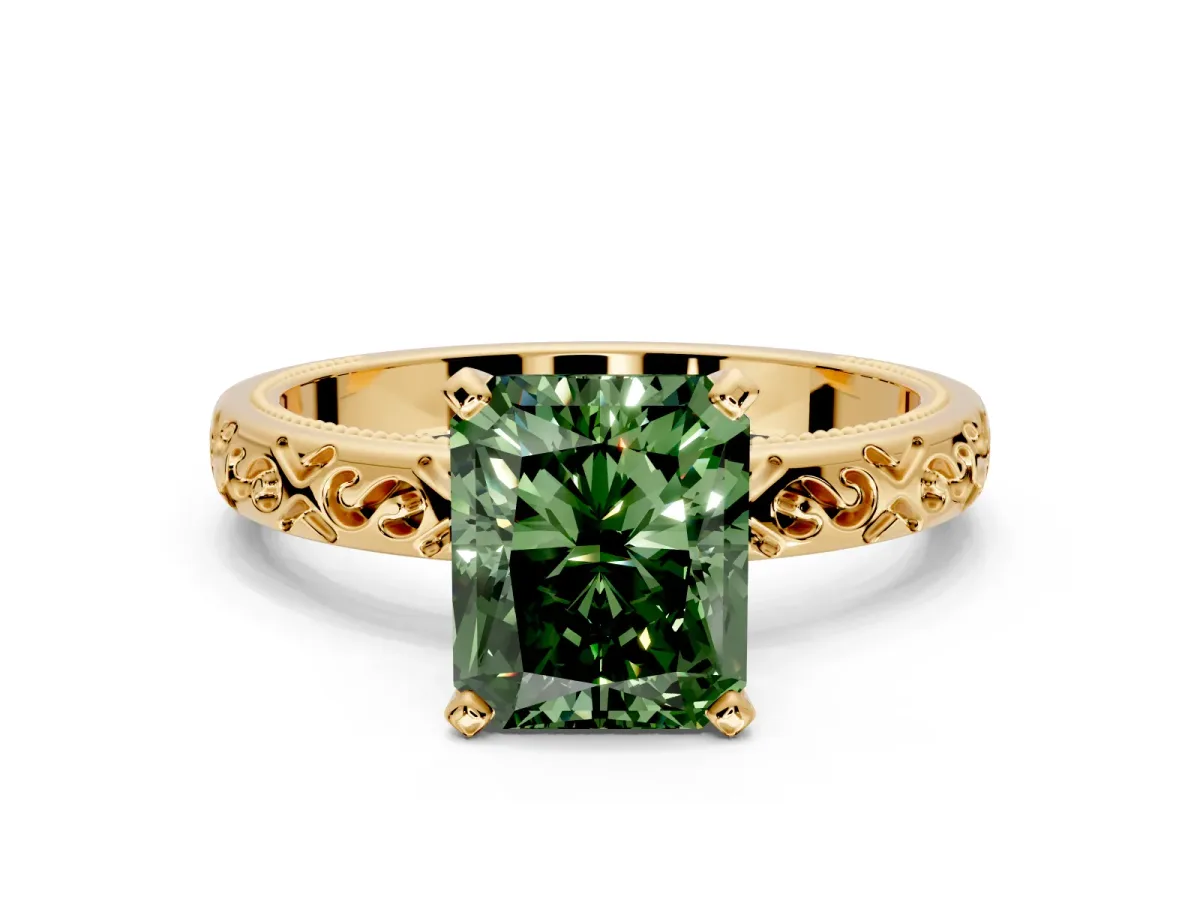 Solitaire Engagement Ring Setting for Fancy Green Radiant Cut Center with Scrollwork Band and Prong Head in Yellow Gold