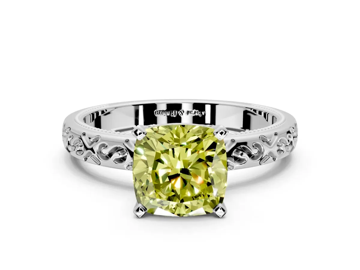Solitaire Engagement Ring Setting for Fancy Yellow Cushion Cut Center with Scrollwork Band and Prong Head in Platinum