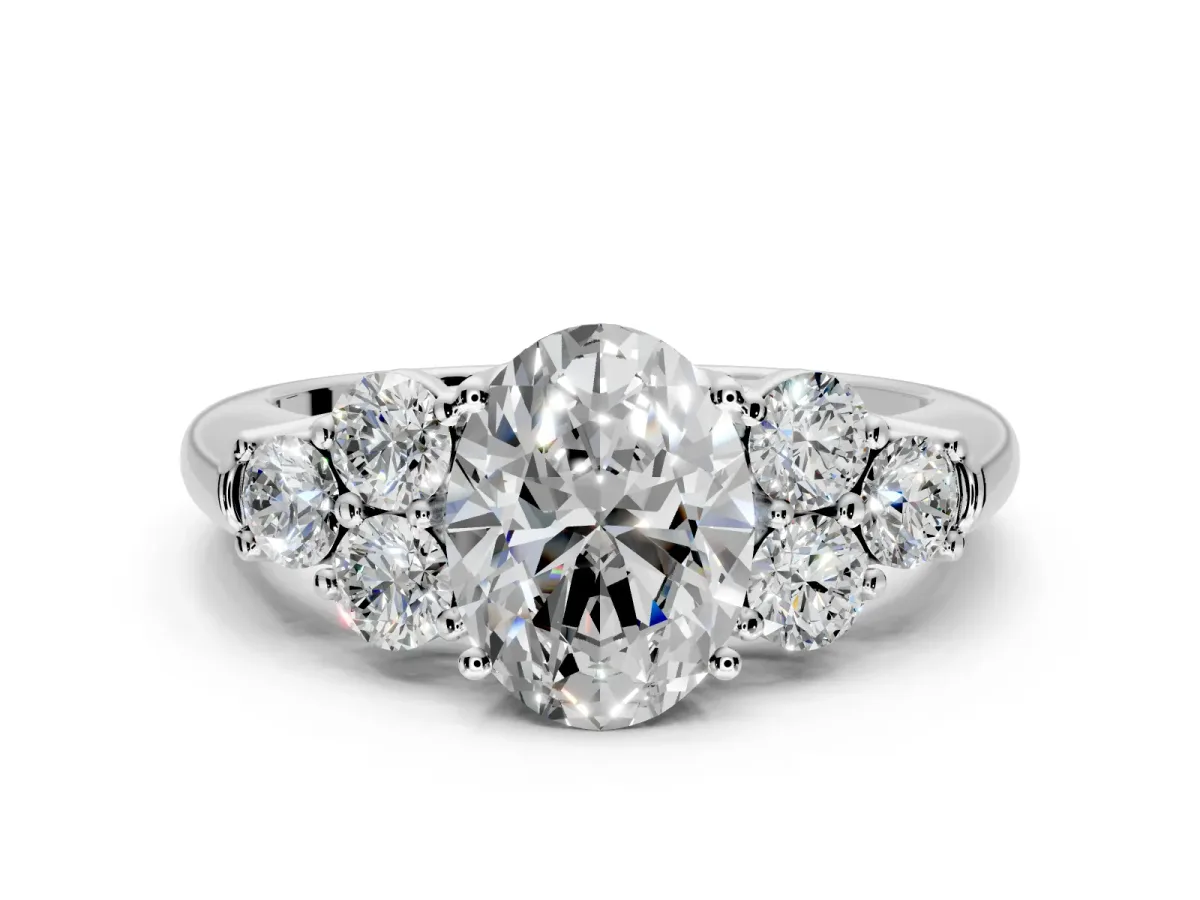 Cluster Engagement Ring Setting for Oval Center with Round Cut Accent Frame and Prong Head in Platinum