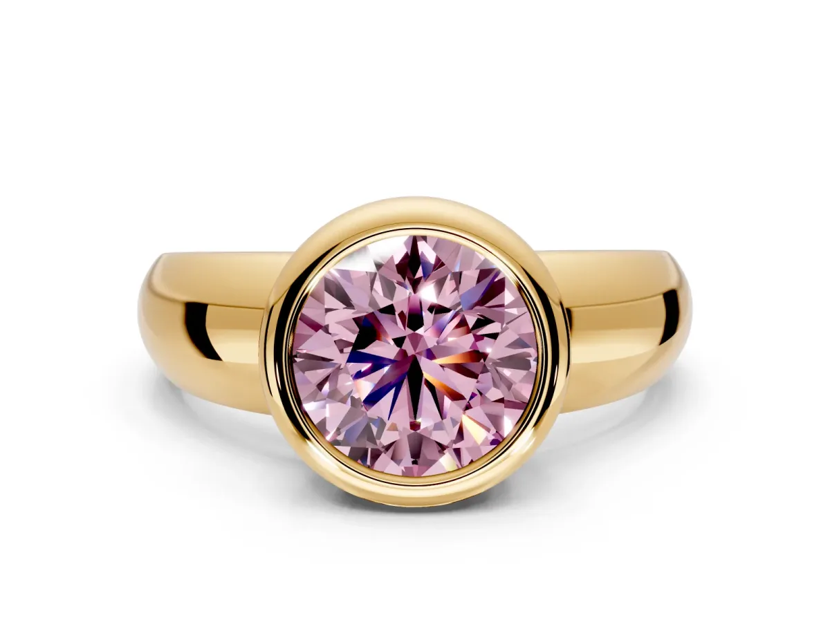 Solitaire Engagement Ring Setting for Fancy Pink Round Cut Center with Wide Band and Bezel Head in Yellow Gold