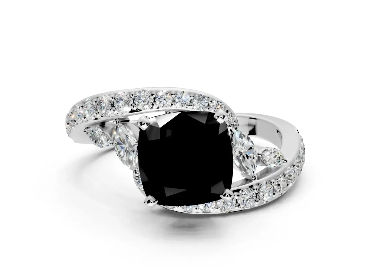 Solitaire Engagement Ring Setting for Fancy Black Cushion Cut Center with Filigree Band and Prong Head in White Gold