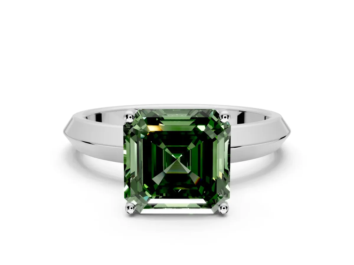 Solitaire Engagement Ring Setting for Fancy Green Asscher Cut Center with Wide Knife Ridge Band and Prong Head in White Gold