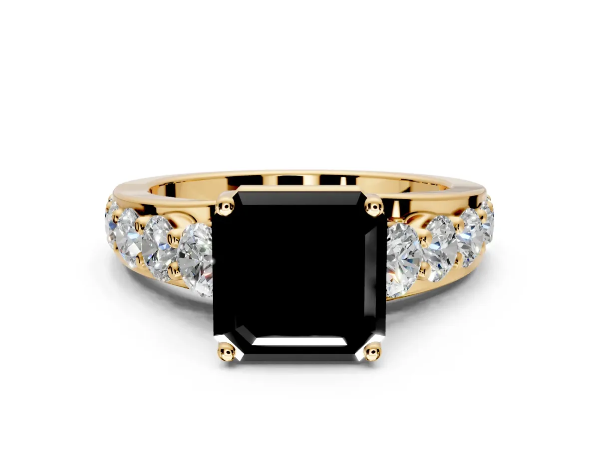 Solitaire Engagement Ring Setting for Fancy Black Asscher Cut Center with Graduated Shared Prongs and Prong Head in Yellow Gold