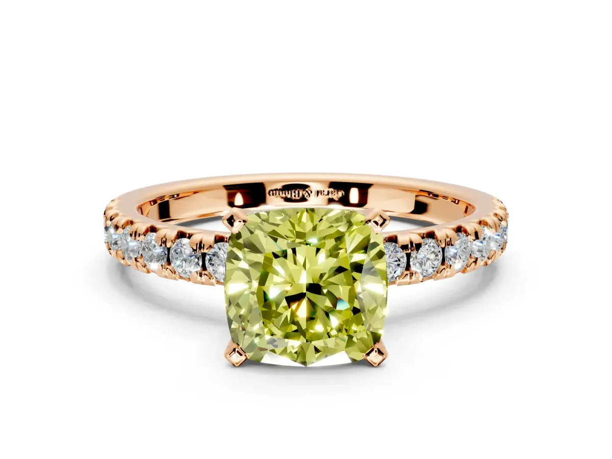 Solitaire Engagement Ring Setting for Fancy Yellow Cushion Cut Center with Large Accents and Prong Head in Rose Gold