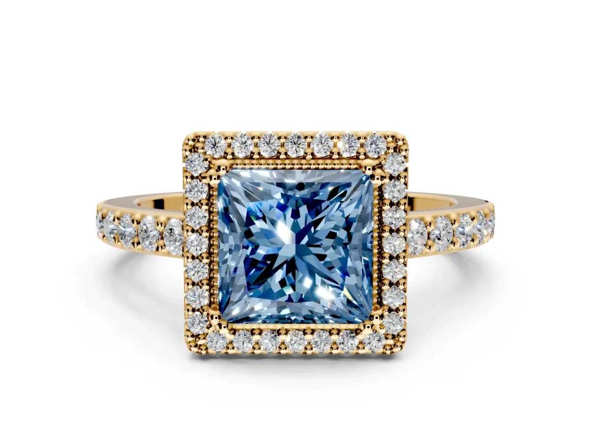 Halo Engagement Ring Setting for Fancy Blue Princess Cut Center with Inner Milgrain Border and Prong Head in Yellow Gold