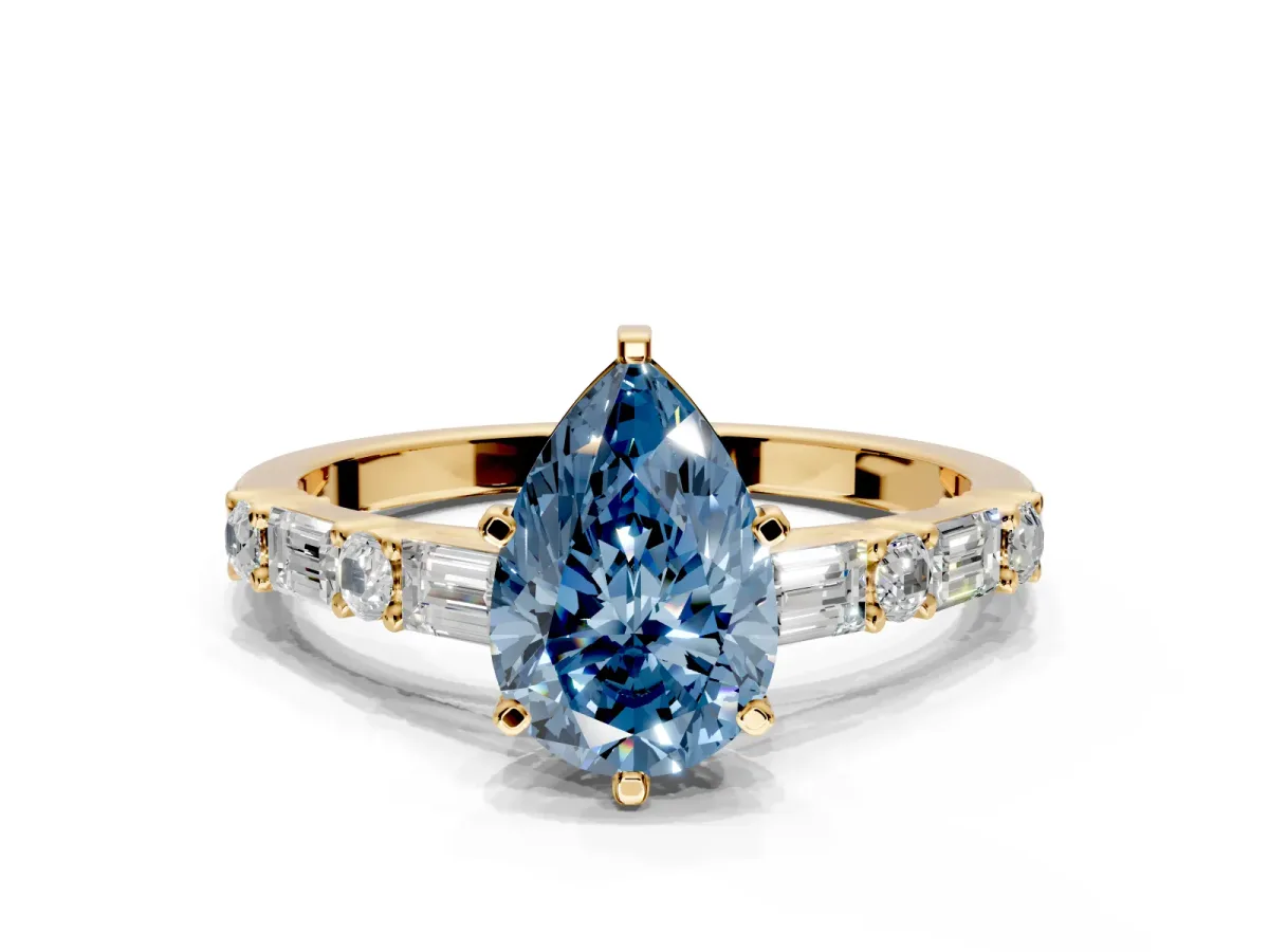 Baguette Engagement Ring Setting for Fancy Blue Pear-Shaped Center with Alternating Bar-Set Band and Prong Head in Yellow Gold