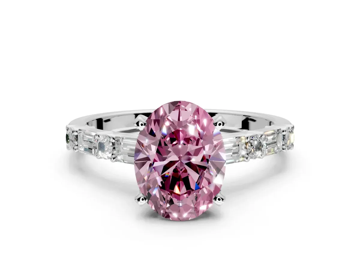 Baguette Engagement Ring Setting for Fancy Pink Oval Center with Alternating Bar-Set Band and Prong Head in Platinum