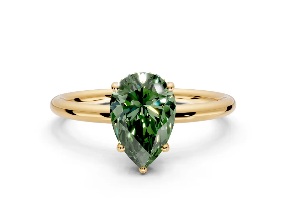 Solitaire Engagement Ring Setting for Fancy Green Pear-Shaped Center with Plain Band, Open Basket and Prong Head in Yellow Gold