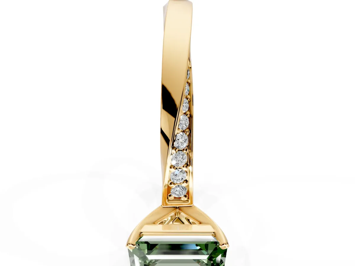 Side Accent Engagement Ring Setting for Fancy Green Emerald Cut Center with Accent Shoulders and Prong Head in Yellow Gold