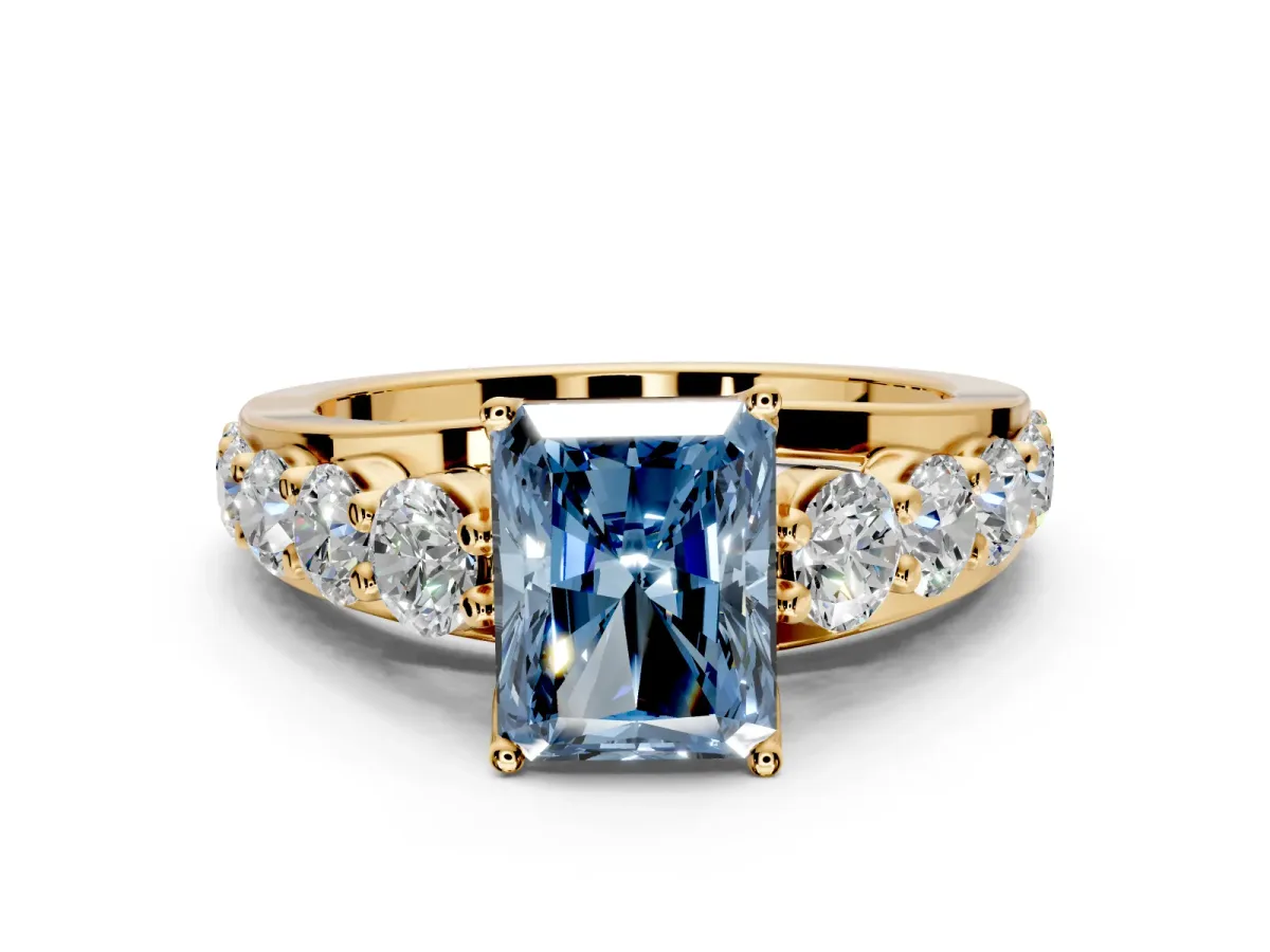 Solitaire Engagement Ring Setting for Fancy Blue Radiant Cut Center with Graduated Shared Prongs and Prong Head in Yellow Gold