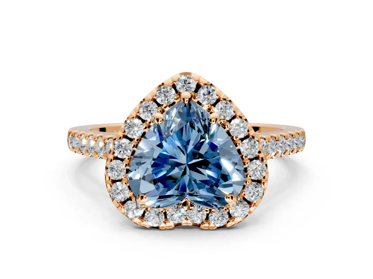 Halo Engagement Ring Setting for Fancy Blue Heart-Shaped Center with Raised Halo, Pave Band and Prong Head in Rose Gold