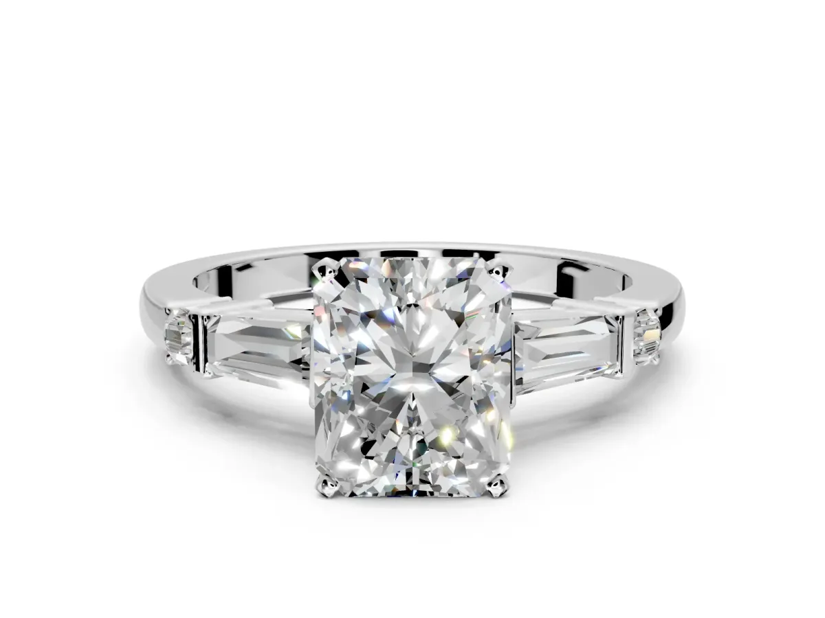 Bar-Set Engagement Ring Setting for Radiant Cut Center with Tapered Baguette Accents and Prong Head in White Gold