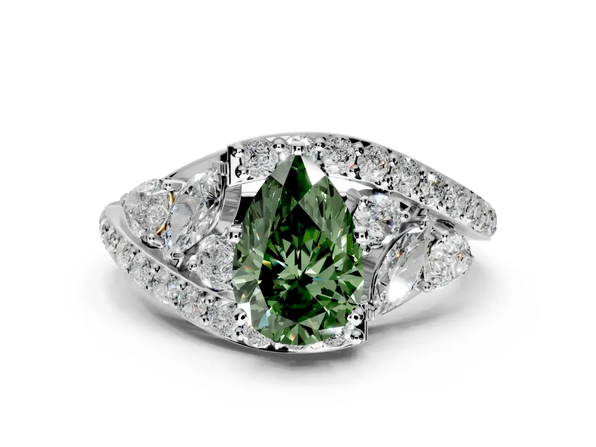 Halo Engagement Ring Setting for Fancy Green Pear-Shaped Center with Marquise and Pave Bypass Band and Prong Head in Sterling Silver