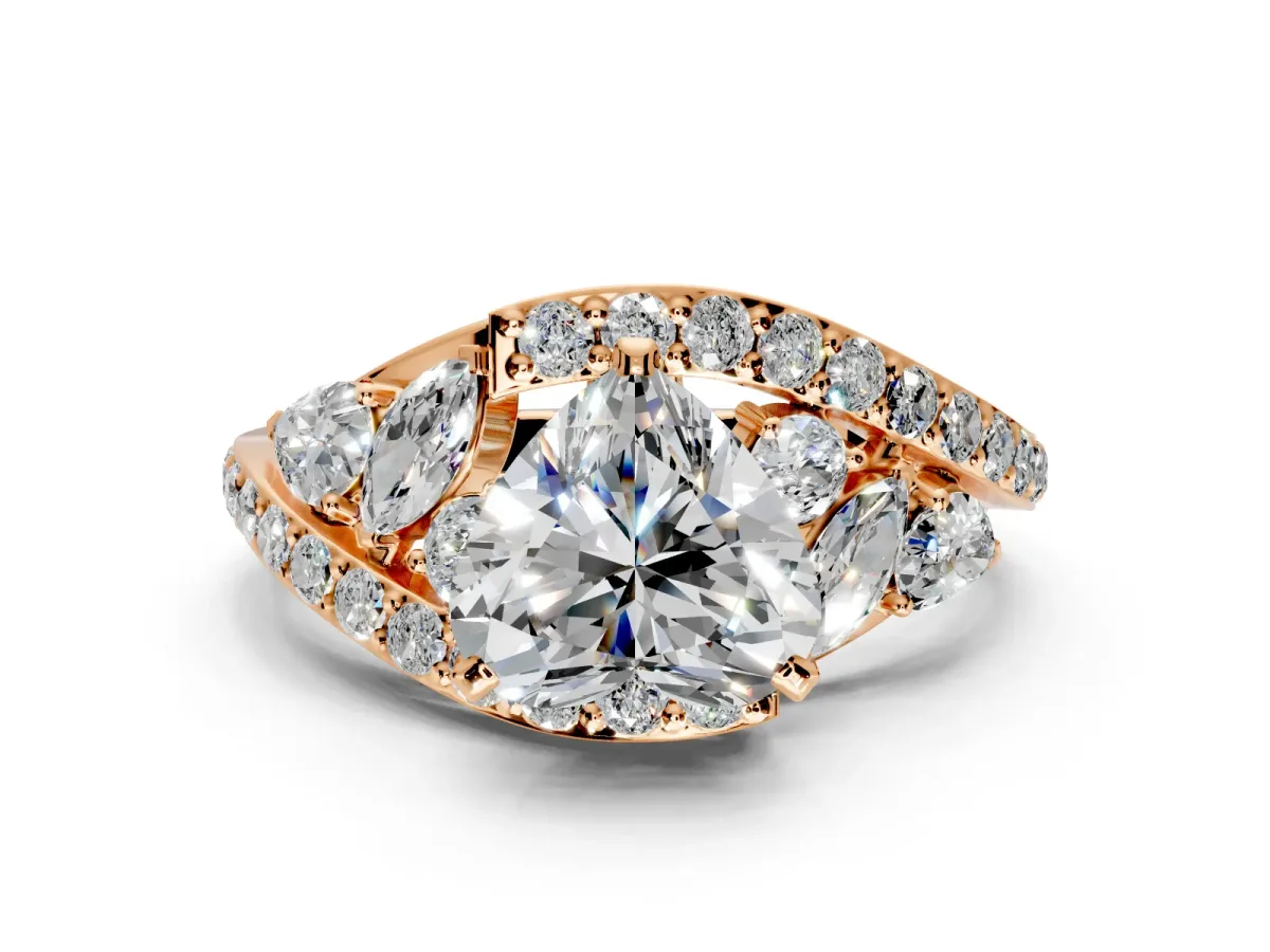 Halo Engagement Ring Setting for Heart-Shaped Center with Marquise and Pave Bypass Band and Prong Head in Rose Gold