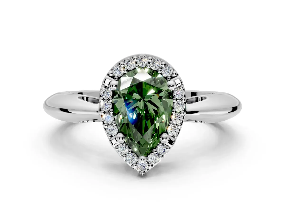 Halo Engagement Ring Setting for Fancy Green Pear-Shaped Center with Tapered Plain Band and Prong Head in Sterling Silver