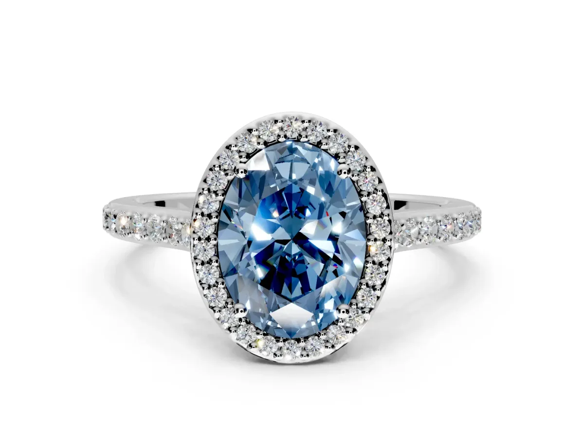 Halo Engagement Ring Setting for Fancy Blue Oval Center with Pave Accents, Heart Basket and Prong Head in Platinum