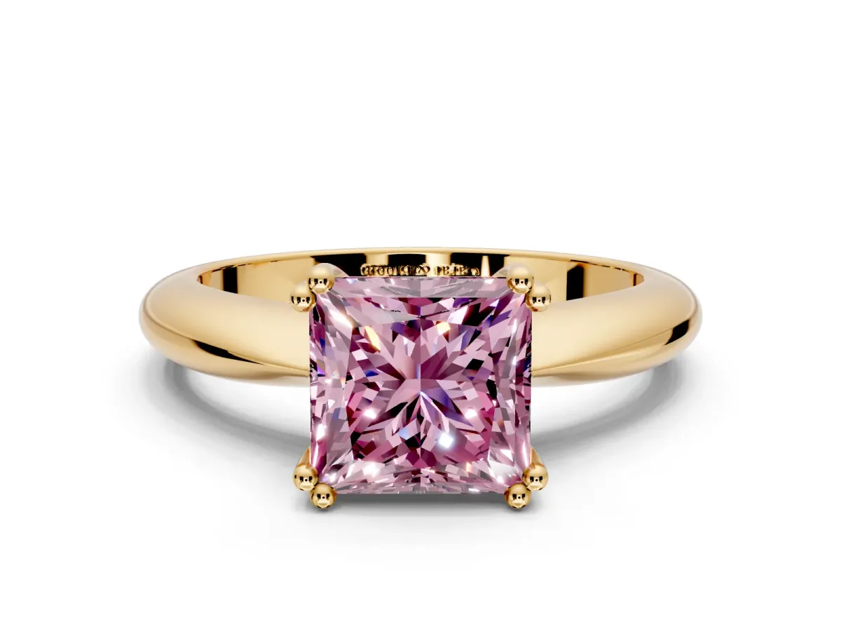 Solitaire Engagement Ring Setting for Fancy Pink Princess Cut Center with Reverse Tapered Band and Prong Head in Yellow Gold