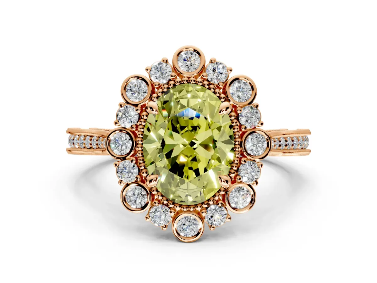 Milgrain Halo Engagement Ring Setting for Fancy Yellow Oval Center with Bezel Point Accents and Prong Head in Rose Gold