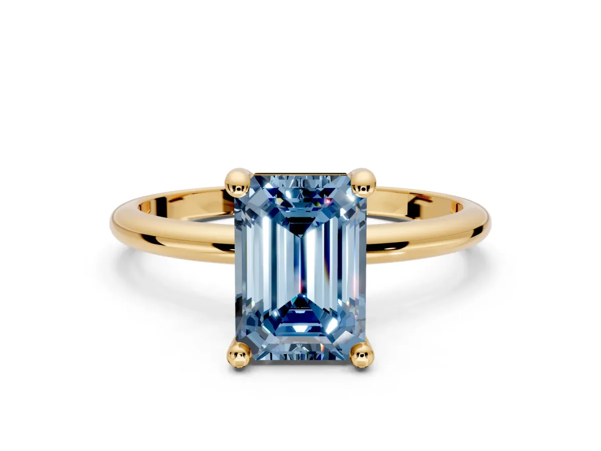 Minimalist Solitaire Engagement Ring Setting for Fancy Blue Emerald Cut Center with Thin Band and Prong Head in Yellow Gold