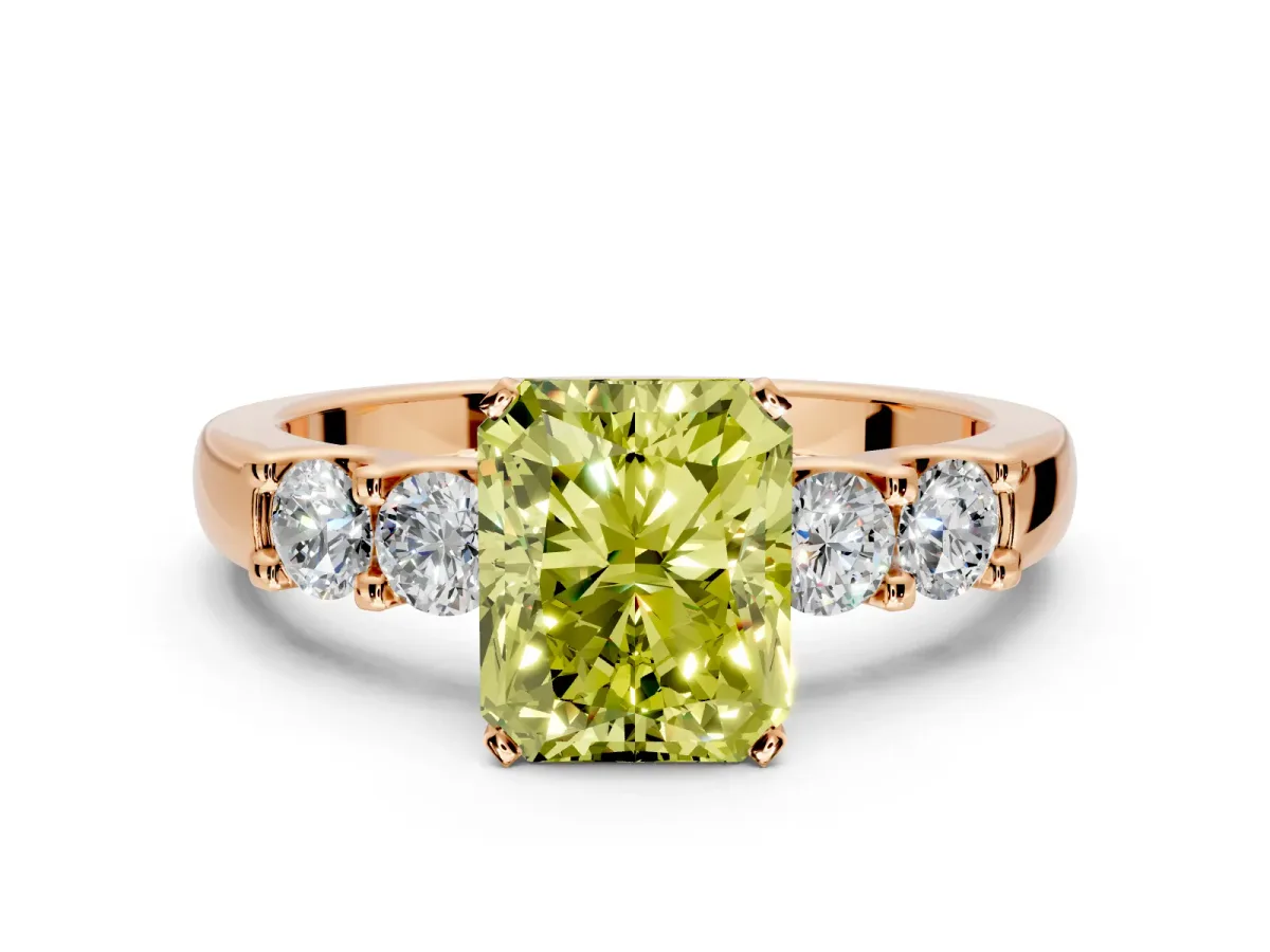 5 Stone Engagement Ring Setting for Fancy Yellow Radiant Cut Center with Plain Band and Prong Head in Rose Gold