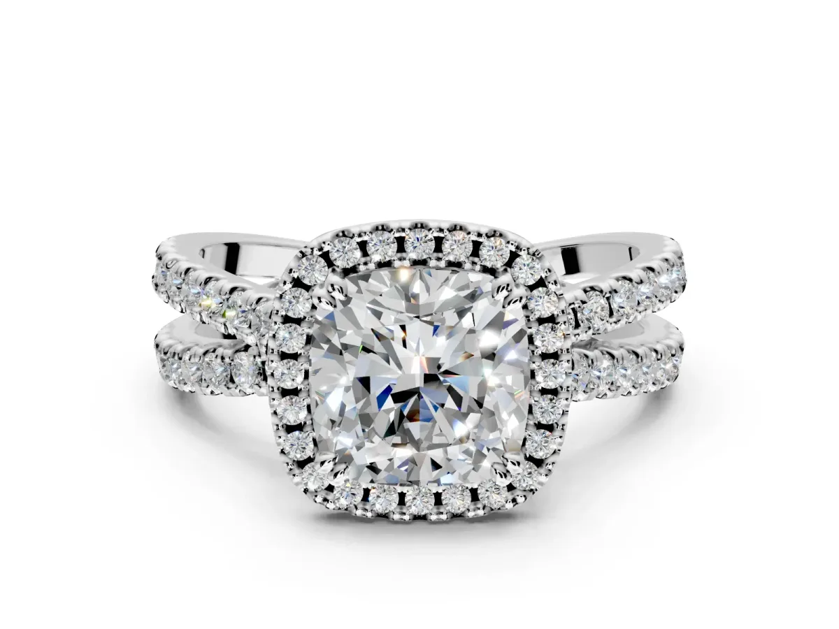 Halo Engagement Ring Setting for Cushion Cut Center with Double Pave Split Shank and Prong Head in Sterling Silver