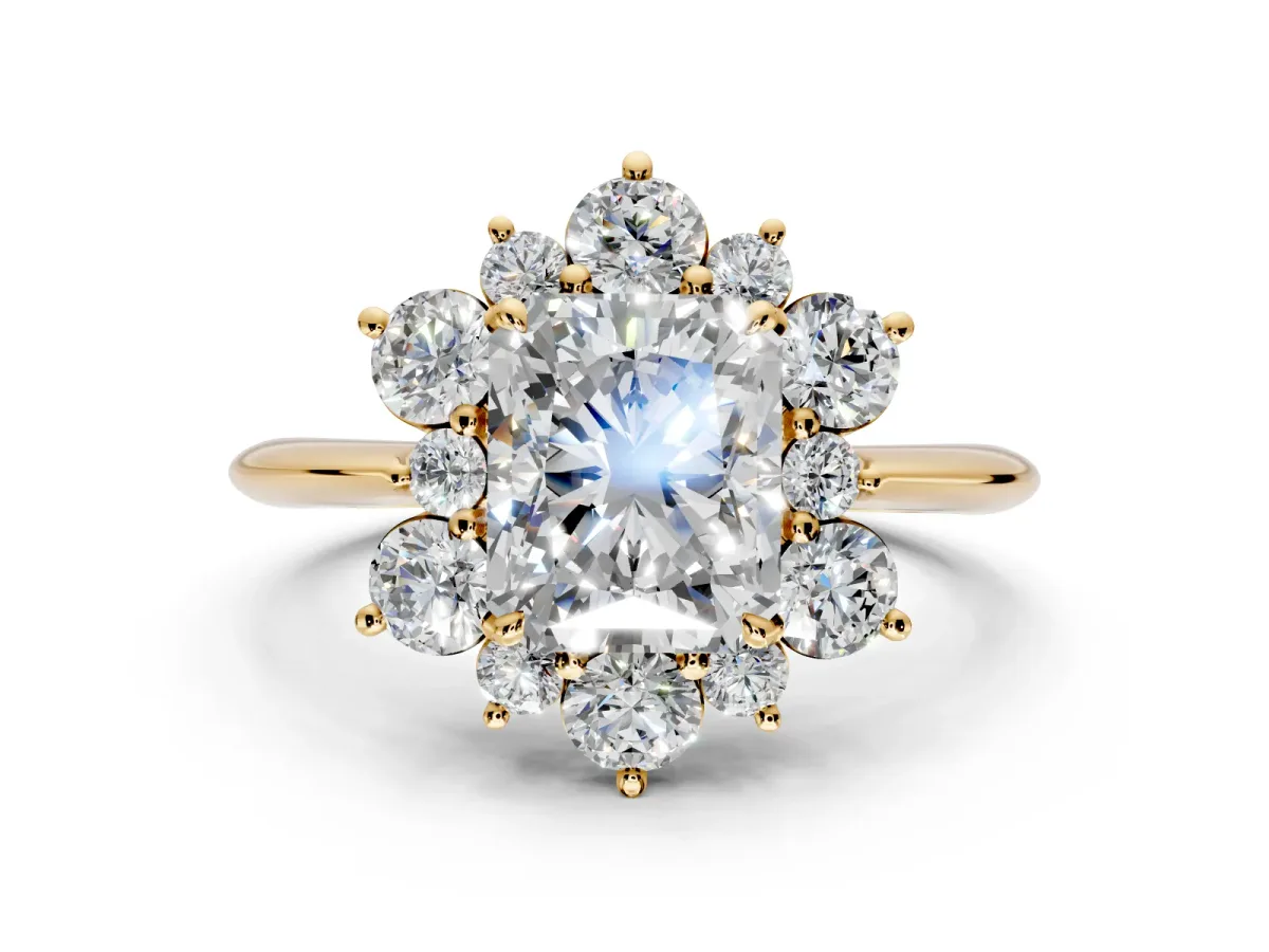 Small-Accent Cluster Halo Engagement Ring Setting for Radiant Cut Center with Plain Band and Prong Head in Yellow Gold