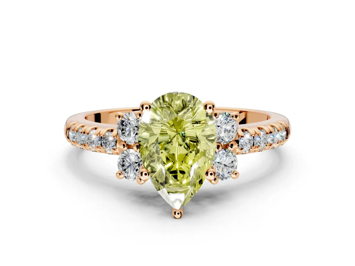 Paired Accent Engagement Ring Setting for Fancy Yellow Pear-Shaped Center with Pave Band and Prong Head in Rose Gold