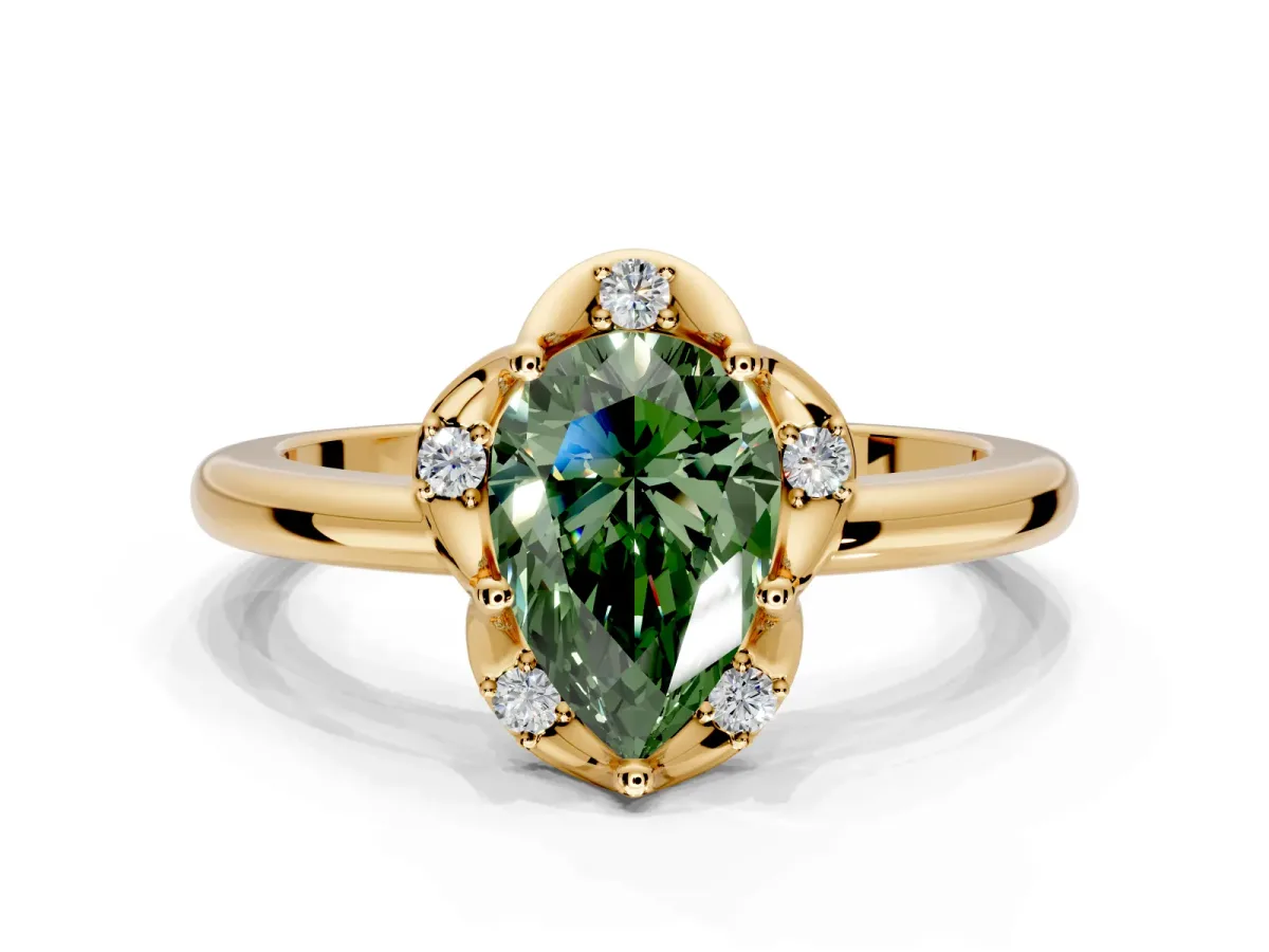 Floral Frame Engagement Ring Setting for Fancy Green Pear-Shaped Center with Accent Clusters and Prong Head in Yellow Gold