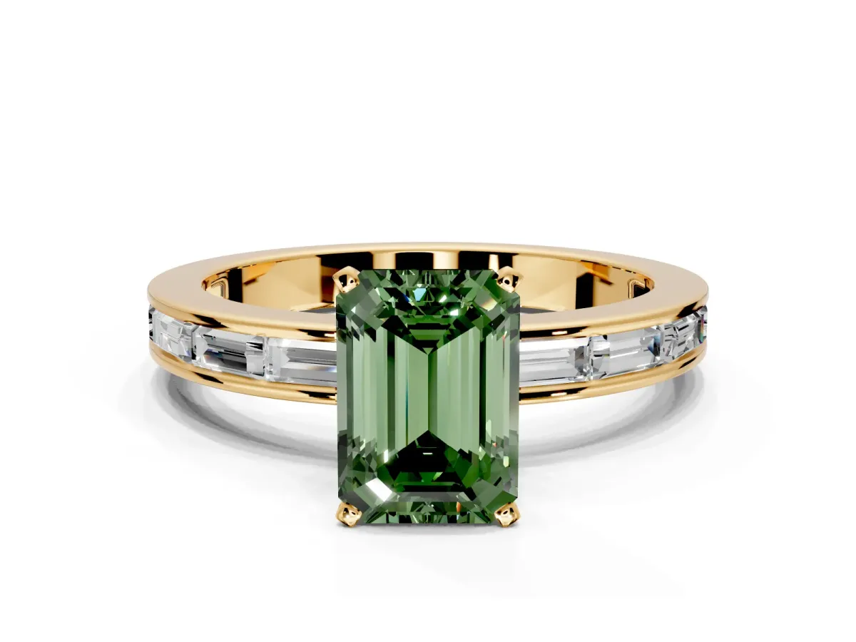 Solitaire Engagement Ring Setting for Fancy Green Emerald Cut Center with Channel Baguette Band and Prong Head in Yellow Gold