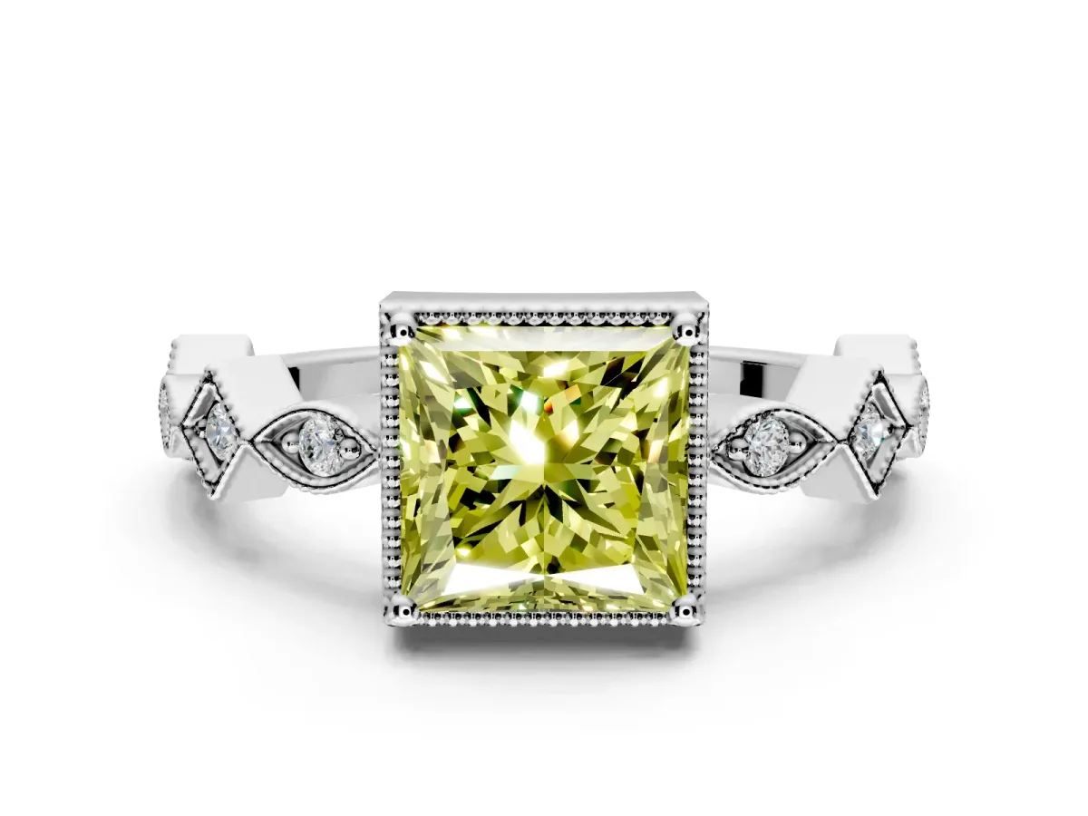 Milgrain Bezel Engagement Ring Setting for Fancy Yellow Princess Cut Center with Marquise Stations and Bezel Head in Sterling Silver