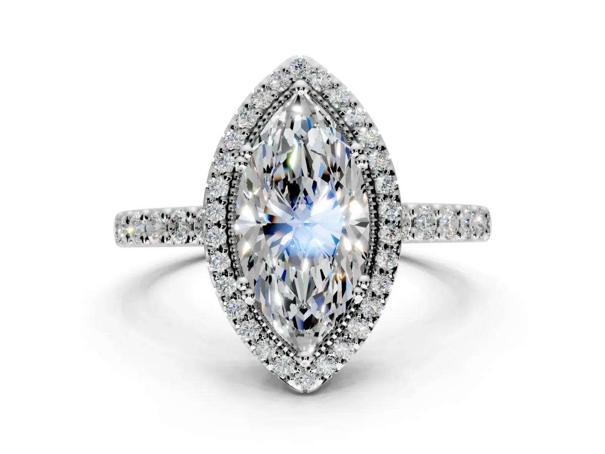 Halo Engagement Ring Setting for Marquise Center with Inner Milgrain Border and Prong Head in Sterling Silver